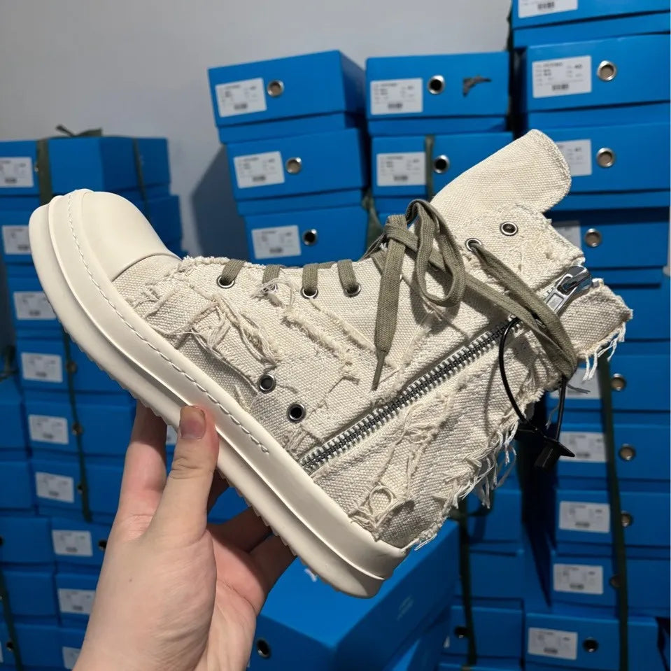 Brand Men Shoes Casual Canvas Distress Flats High to Ankle Boots Women Owens Vintage Original Luxury Designers Sneakers