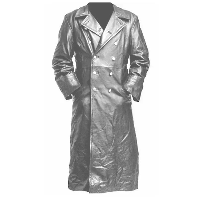 Men Faux Leather Coats Pu Long Coat Splice Double Breasted Turn Down Collar Slim Fit Thick Casual Jackets Autumn Winter