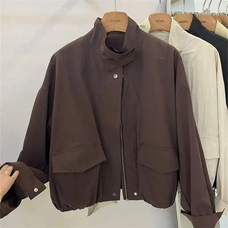 Korean Short Stand-up Collar Jacket Women's Loose Windbreaker Coat Spring Autumn Leisure Tooling Jacket Coat Female Overwear Top