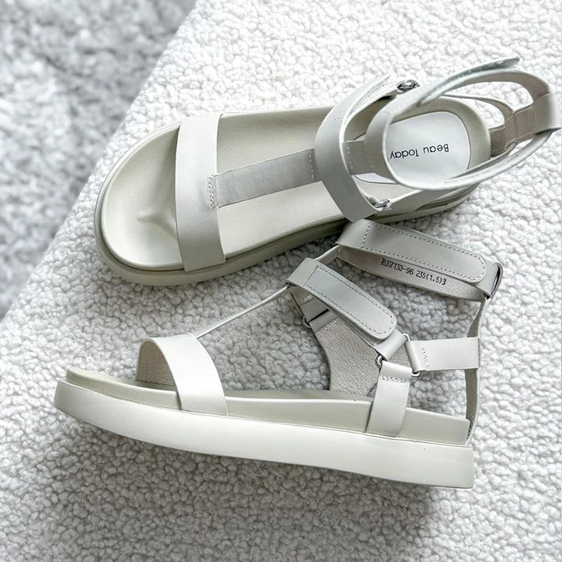 BeauToday Gladiator Sandals Women Genuine Calfskin Leather Open Toe T-Strap Thick Sole Summer Ladies Shoes Handmade 07130S
