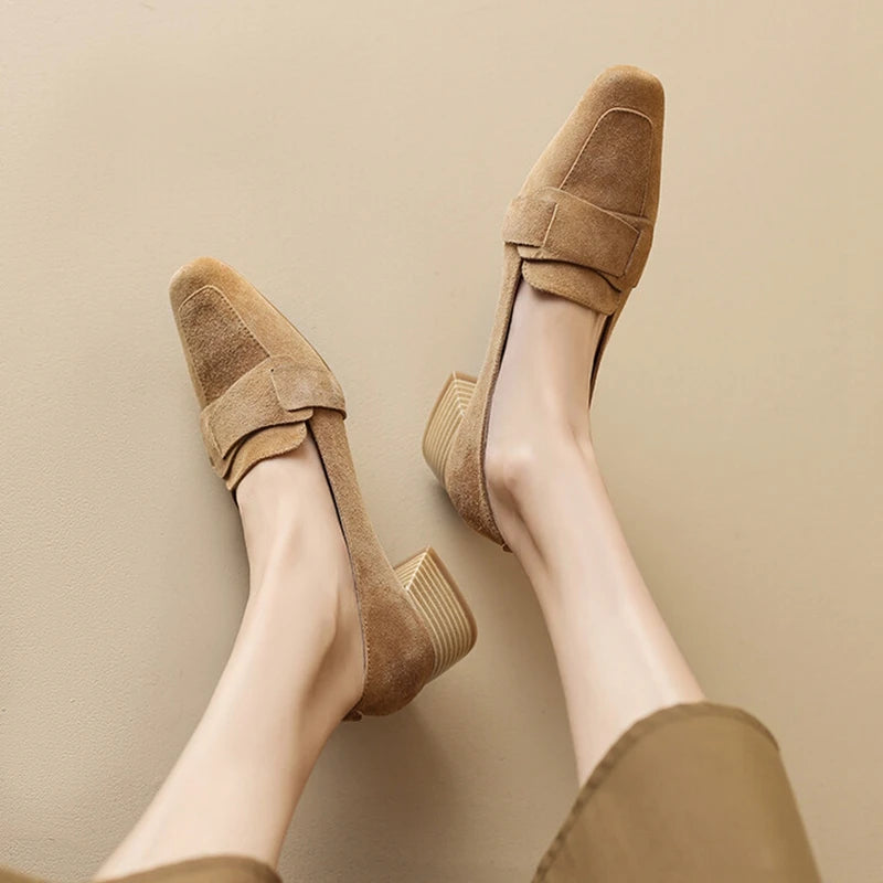 NEW Spring Women Loafers Square Toe Chunky Heel Shoes Sheep Suede Shoes for Women Concise Women Pumps Low Heel zapatos de mujer