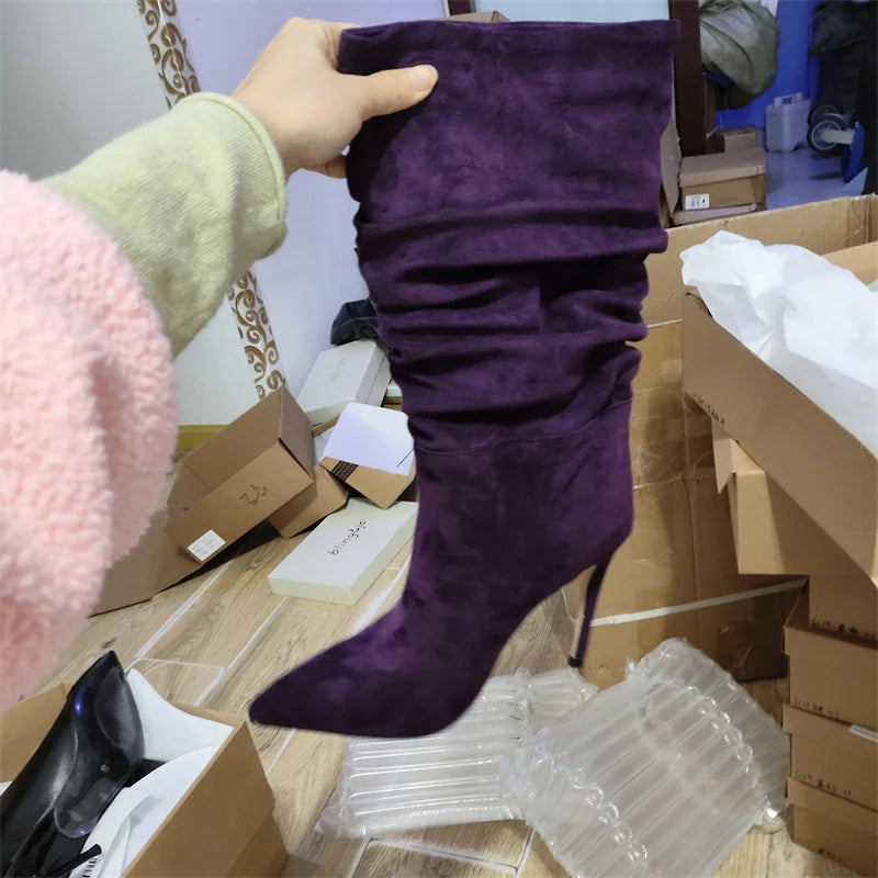 2023 Denim Blue 10cm Slim Heel Pleated Boots 35-43 Fashion Imitation Suede Women's Boot Internet Celebrity Pointed Show Boots