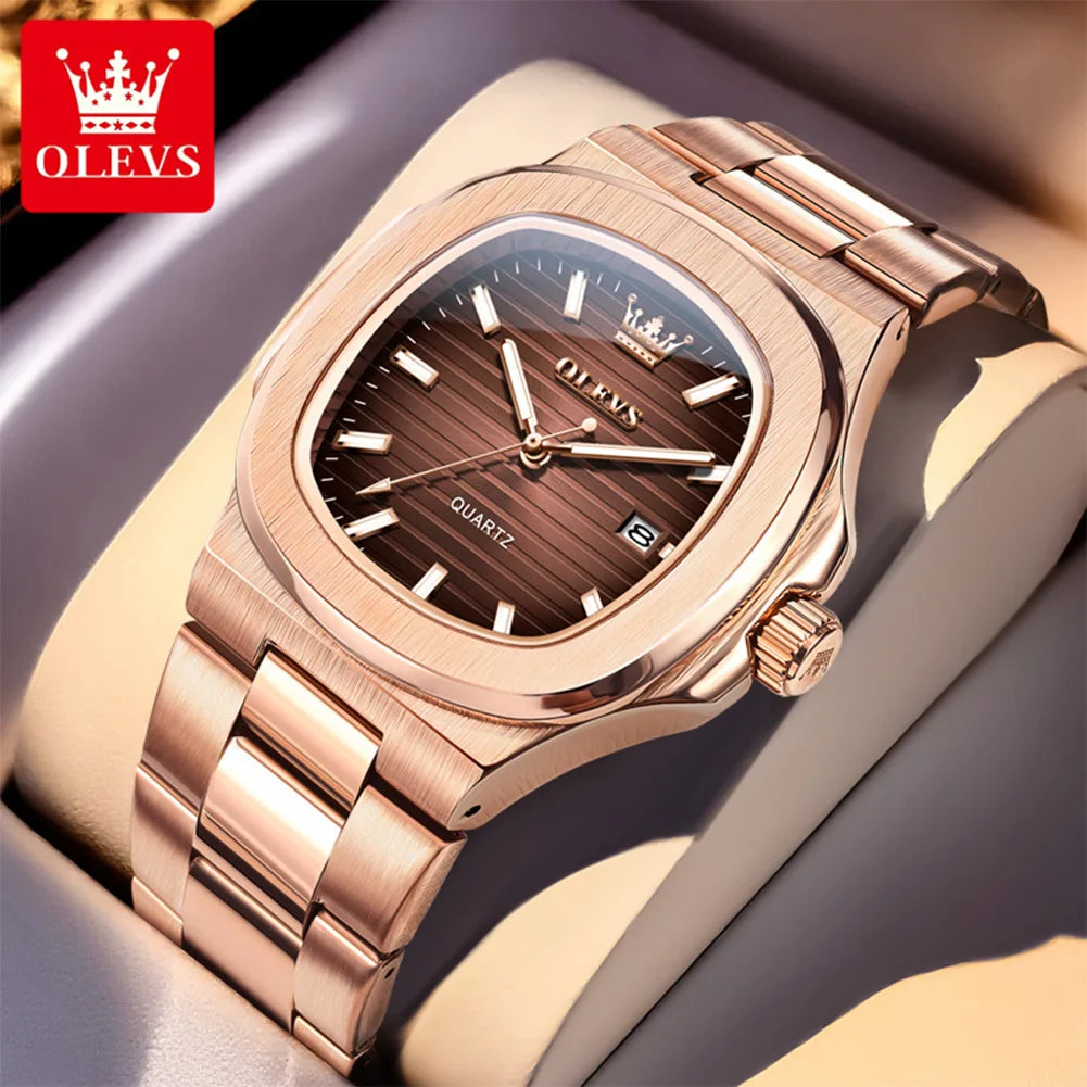 OLEVS Fashion Square Men Watches Business Stainless Steel Rose Gold Quartz Watch Calendar Date Male Casual Sports Luminous Clock