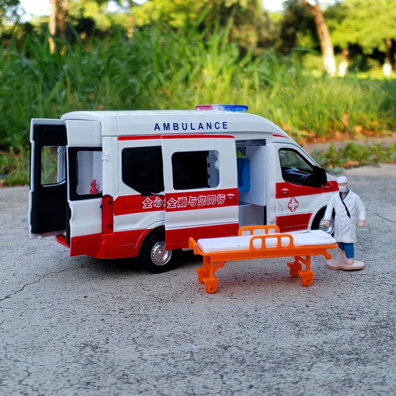1:34 FORD Transit Alloy Ambulance Vehicles Car Model Diecast Metal Toy Broadcast Car Model Simulation Sound and Light Kids Gifts