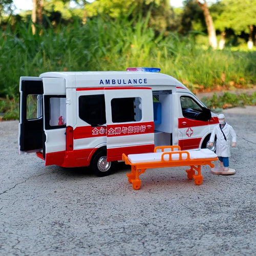 1:34 FORD Transit Alloy Ambulance Vehicles Car Model Diecast Metal Toy Broadcast Car Model Simulation Sound and Light Kids Gifts