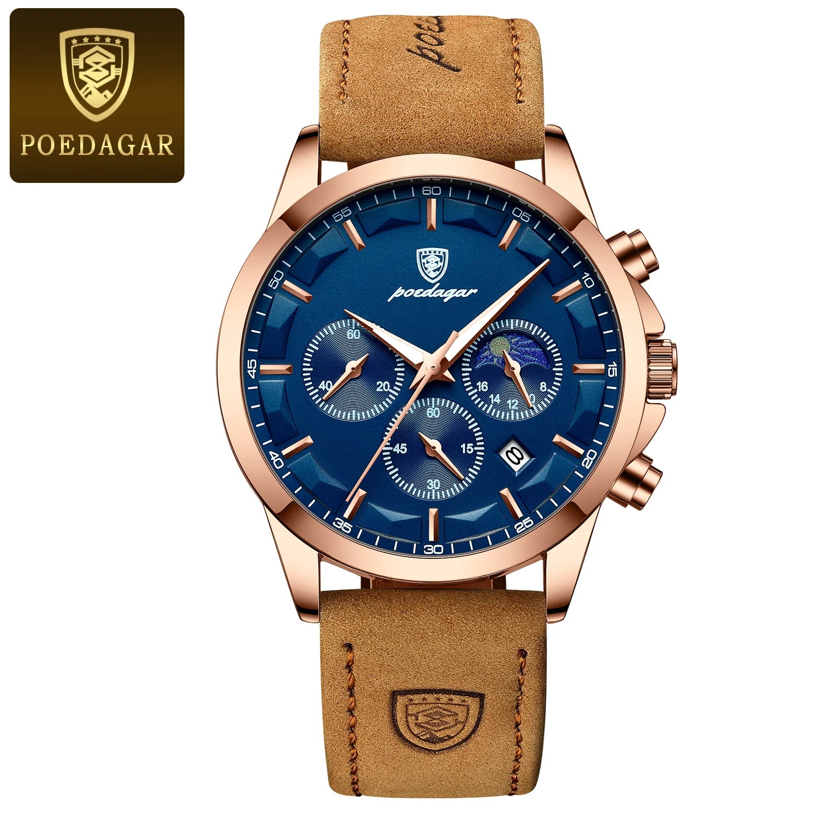POEDAGAR Luxury Business Man Watch Waterproof Chronograph Luminous Date Male Wristwatch Leather Fashion Men's Quartz Watches+Box