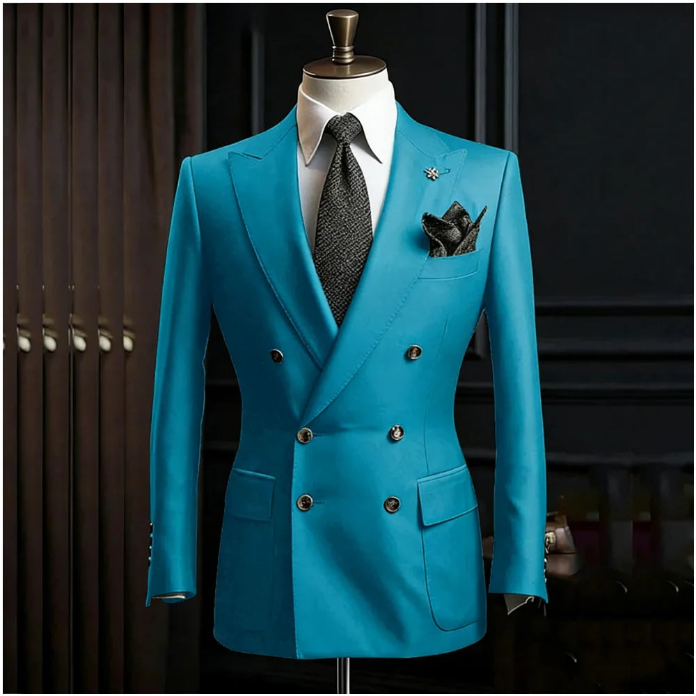 Formal Men's Suits Slim Fit Double Breasted Peaked Lapel Wedding Groom Prom Custom Male Clothing 2 Piece Jacket Pants Sets