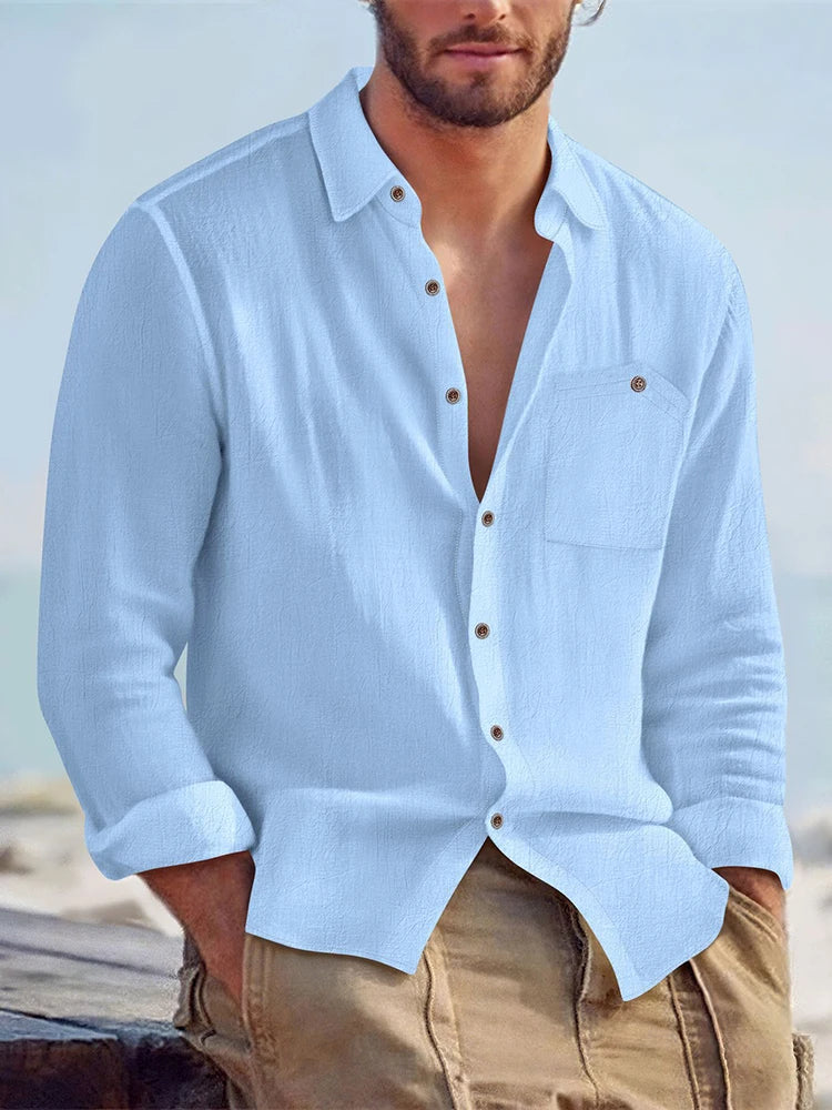Beach Vacation Casual Mens Shirts Long Sleeve Solid Color Loose Breathable Linen Shirt For Men Spring Autumn Fashion Cardigans