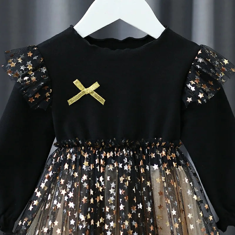 1 to 7 Years 2024 New Baby Black Dress Spring and Summer New Korean Girl Cotton Tutu Skirt Star Net Gauze Princess Dress