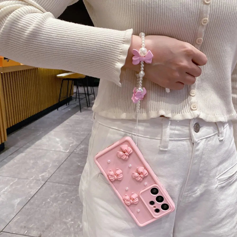 For Xiaomi Redmi Note 10 9 8 7 Pro 4g 5g 10s 3D Pearl Pink Bow Phone Case On Note10 S 10pro With Bracelet Soft Cover 9pro 8pro