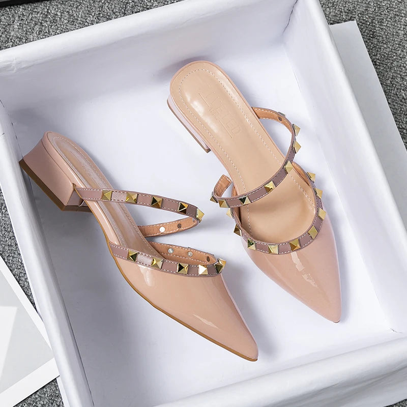 Summer high-heeled slippers for women Fashion brand designed red casual sandals with pointed rivets Large size 41-43