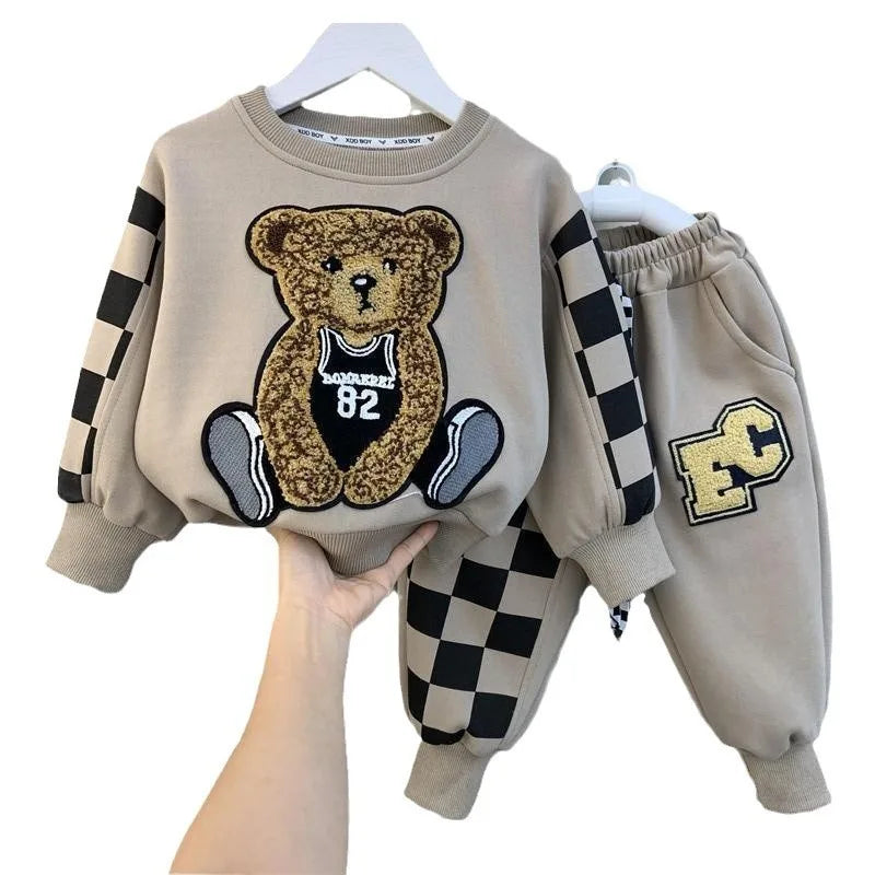 2025 New Boys' Baby Spring and Autumn Hoodie Set Children's Pi Shuai Children's Wear Small Bear Round Neck Two Piece Set