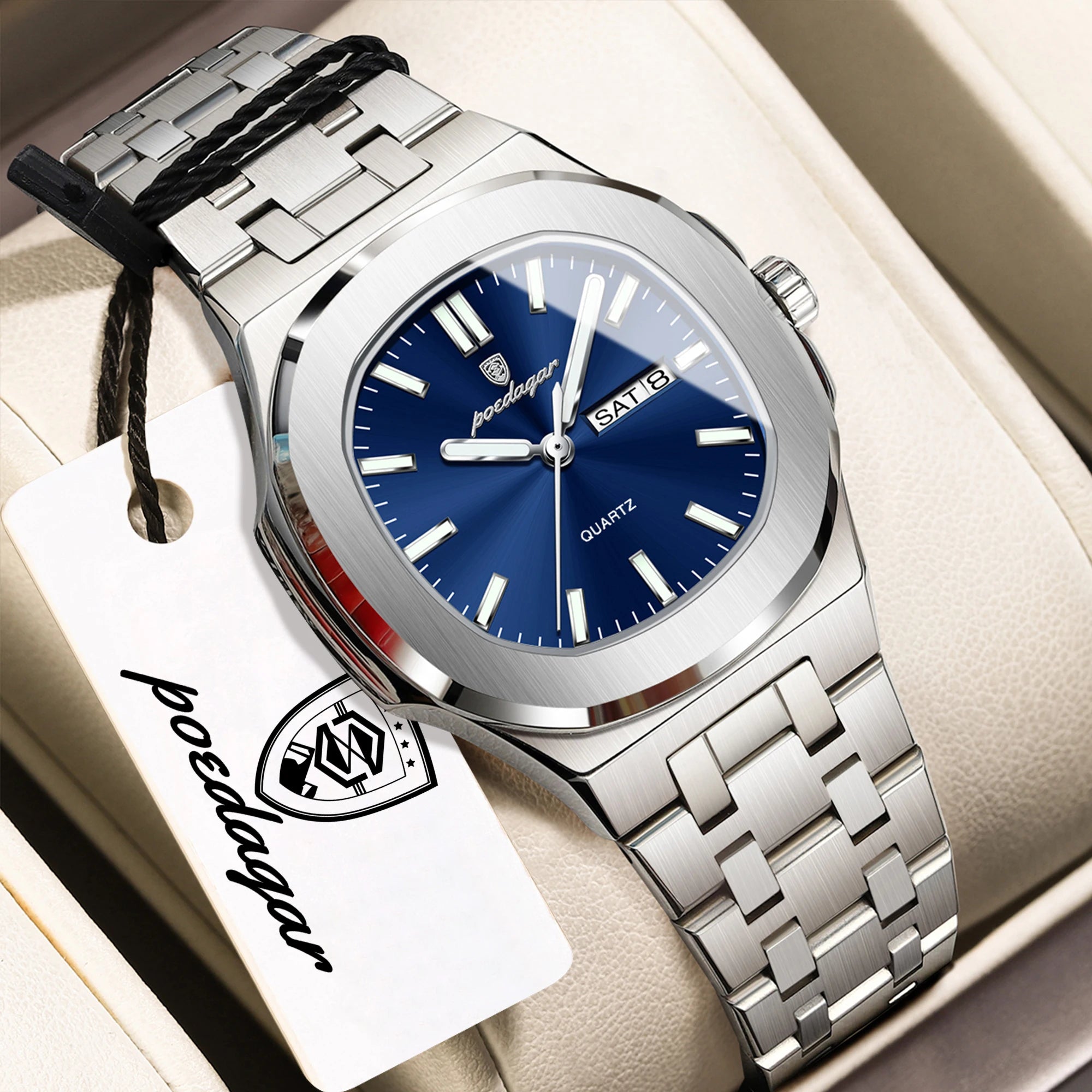 POEDAGAR Top Fashion Square Watch For Woman Luminous Waterproof Date Week Ladies Watch Stainless Steel Women's Quartz Wristwatch