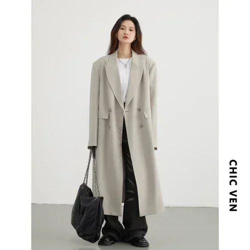 CHIC VEN Women Trench Coat Solid Loose Casual Long Overcoat Double Breasted Female Windbreak Woman Outerwears Spring Autumn 2024