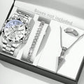 4PCS Silver Men's Fashion Casual Mixed Scale Dial Quartz Watch Bracelet Necklace Ring Set Suitable for Daily Wear Decoration