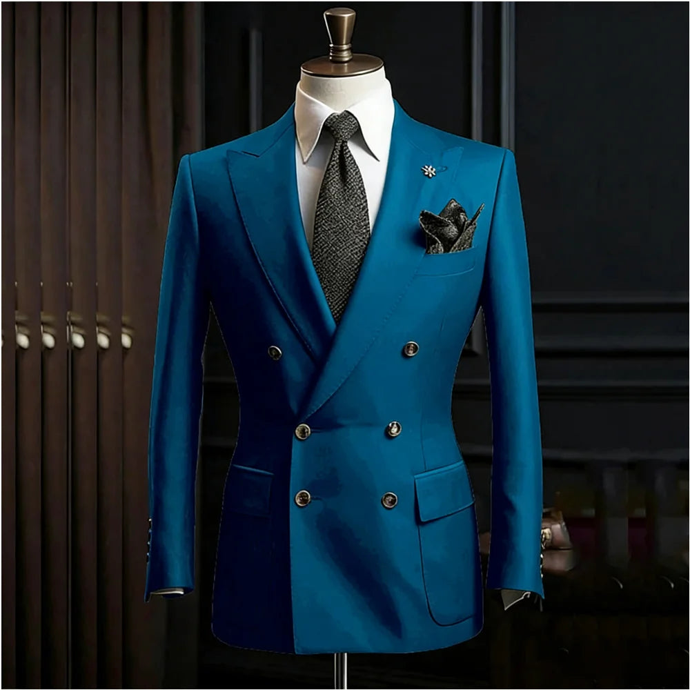 Formal Men's Suits Slim Fit Double Breasted Peaked Lapel Wedding Groom Prom Custom Male Clothing 2 Piece Jacket Pants Sets
