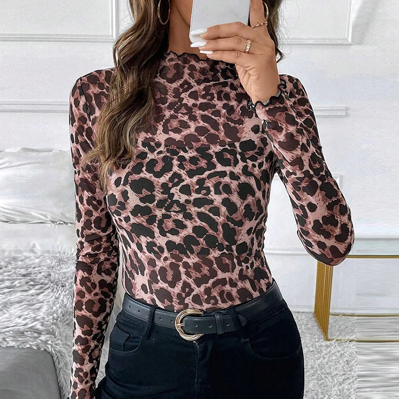 Sexy Long Sleeve T-shirt Women Elegant O Neck Flower Printed Mesh Shirts For Women Spring Autumn Basic Shirt Lady Tee Tops