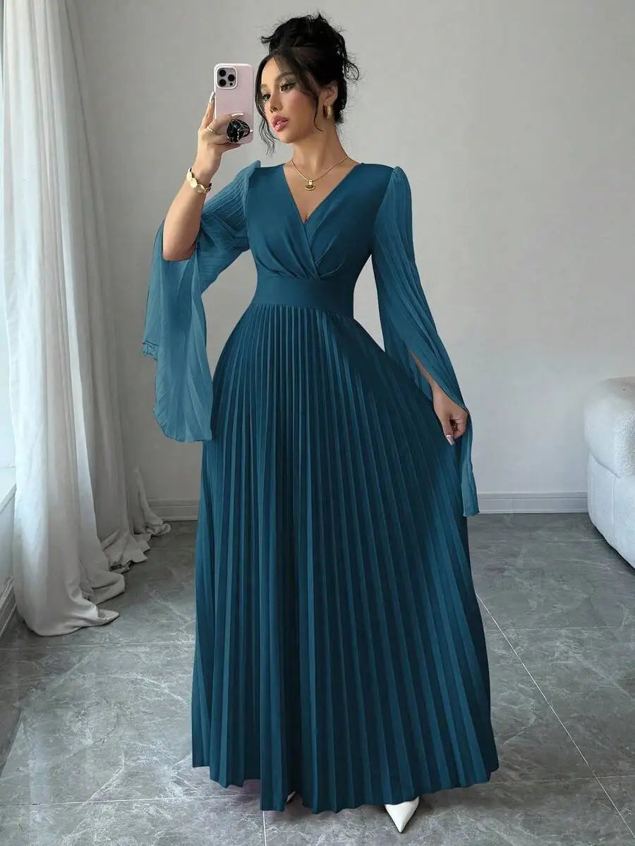 Lavender V-Neck Pleated Maxi Dress with Bell Sleeves Elegant Formal Gown