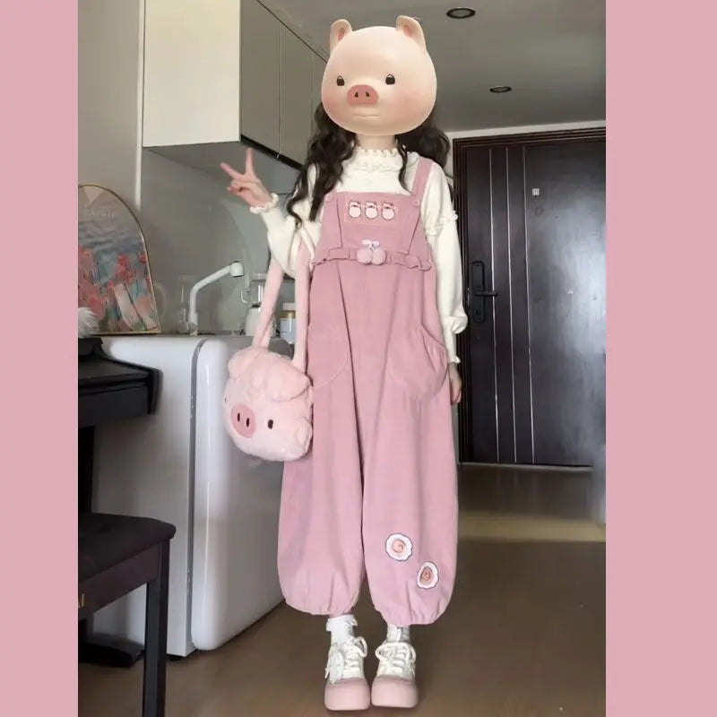 Sweet Kawaii Casual Pink Fashion Harajuku Cargo Harem Pants Women Bow Girls Overalls Streetwear Vintage Cute Jumpsuit