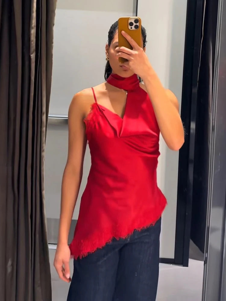HH Women Fashion Party Tops Sexy Sleeveless Backless Irregular Lace Splicing Decoration Short Top Woman Summer Elegant Solid Top