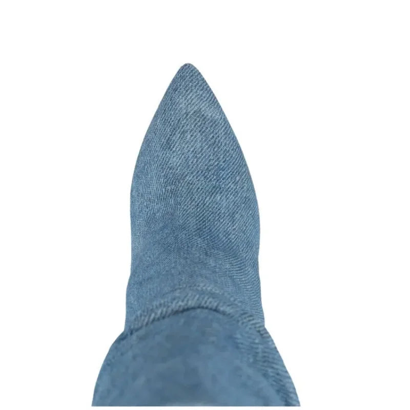 2023 Denim Blue 10cm Slim Heel Pleated Boots 35-43 Fashion Imitation Suede Women's Boot Internet Celebrity Pointed Show Boots