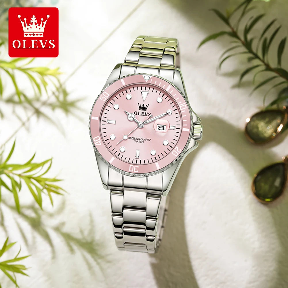 OLEVS 5885 Original Women Watch Top Luxury Quartz Watch Classic Green Dial Waterproof Luminous Date Watch Women Authentic Watch