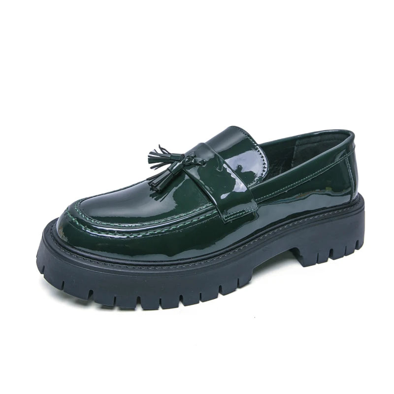 High-end luxury leather shoes for men British height-increasing thick-soled trendy shiny surface casual loafers on one foot