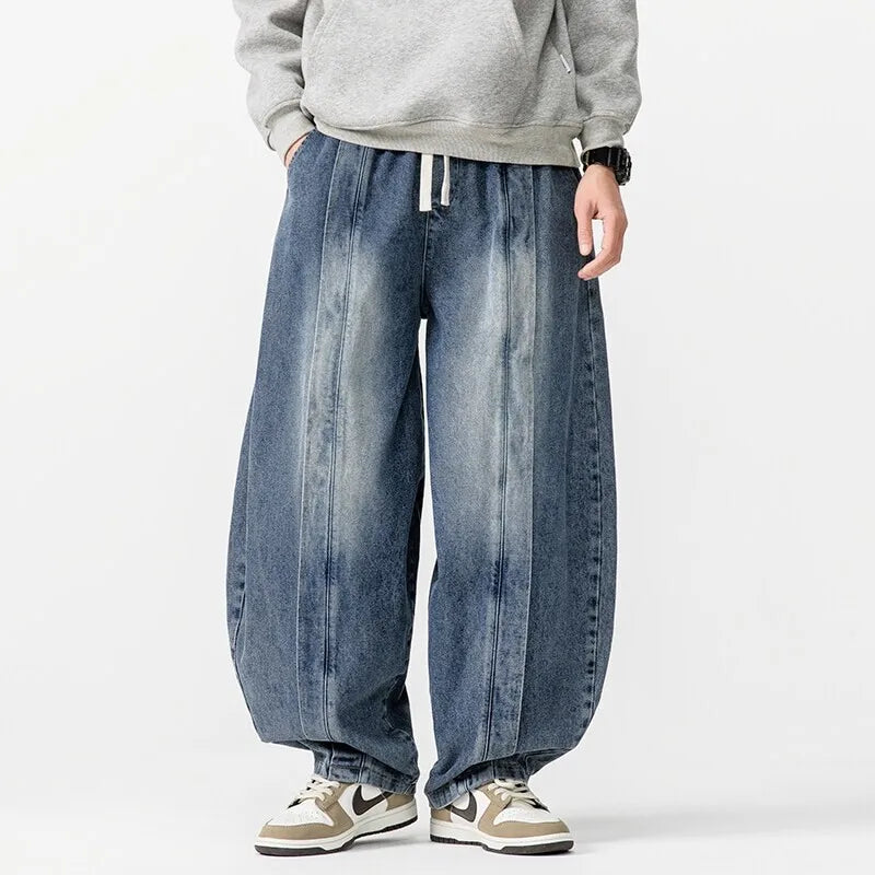 2025 Spring Vintage Harem Pants Men Hip Hop Denim Pants Mens Solid Color Straight Streetwear Wide Leg Pants Men Jeans Trousers