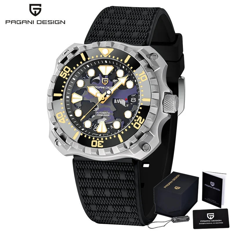 PAGANI DESIGN Men's Mechanical Watch Military Camouflage Hollow Dial NH35 Movt Sapphire 200m Waterproof Automatic Wristwatch