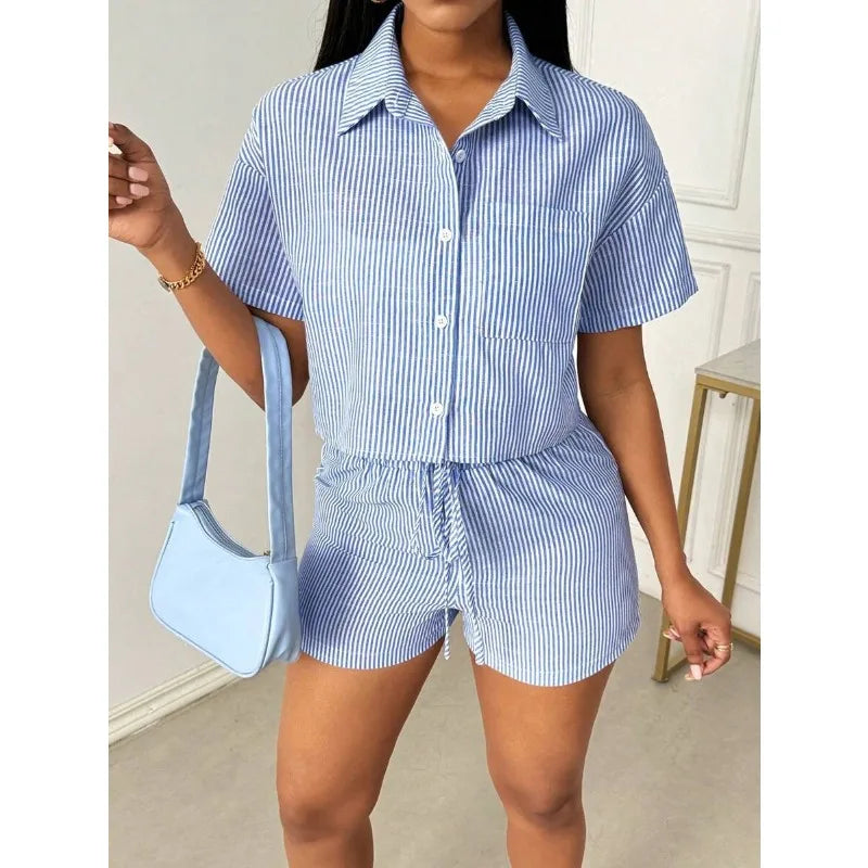 New Fashion Women's Clothing Trend Lapel Casual Striped Shirt Short Sleeve Shorts Two-piece Set Two Piece Sets Womens Outifits