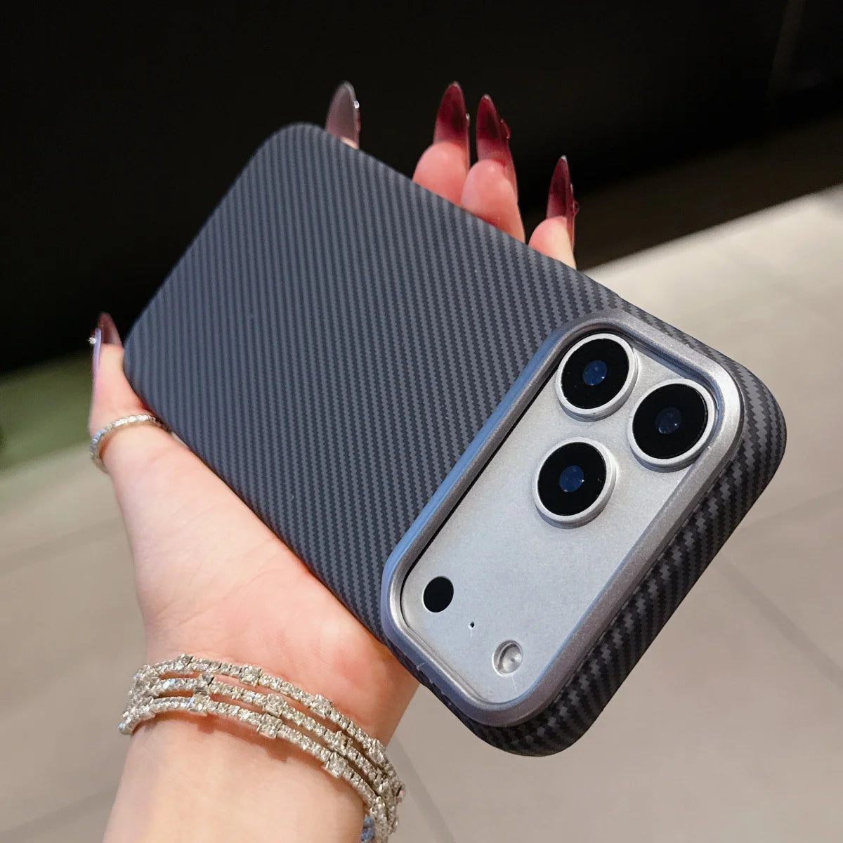 Carbon Fiber Kevlar Texture Phone Case For iPhone 17 Air 16 15 14 Plus 13 12 Pro Max 16E Metal Camera Frame Hard Plastic Cover