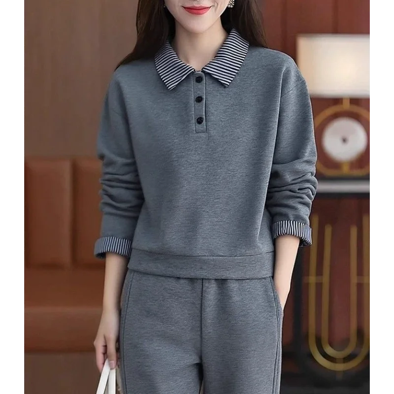 Lazy Style Spring Autumn New Style Women's Clothing Stylish Casual Fake Two Piece Sweatshirt Set One Complete Set Fashion Outfit