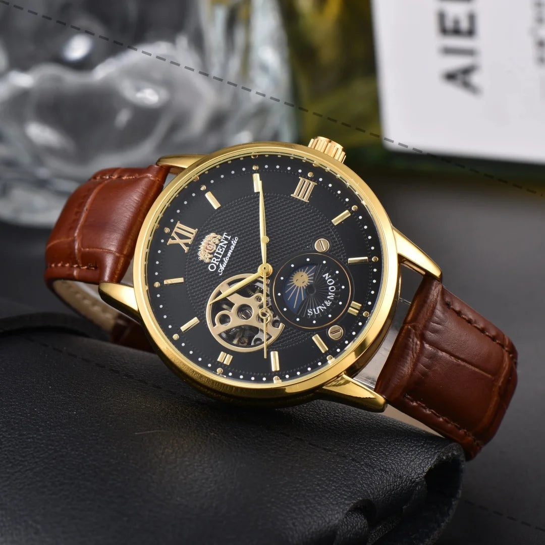 Orient Series Sport Skeleton Mechanical Men's Sun, Moon, and Stars Watch Ultra-Thin Full Functionality World Time