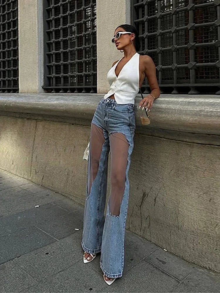 American Retro Straight Jeans Women Hollowed Out Gradient Jeans, Loose Wide Leg Pants, Ins