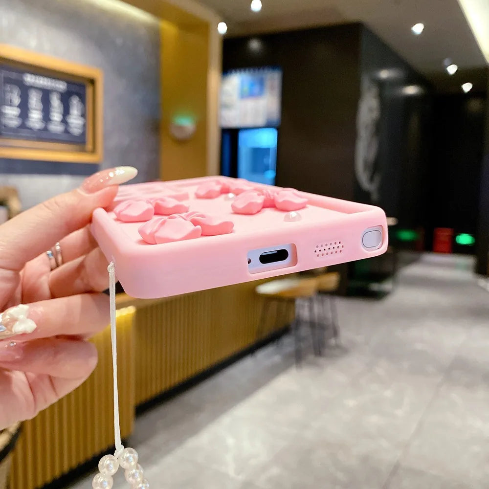 For Xiaomi Redmi Note 10 9 8 7 Pro 4g 5g 10s 3D Pearl Pink Bow Phone Case On Note10 S 10pro With Bracelet Soft Cover 9pro 8pro