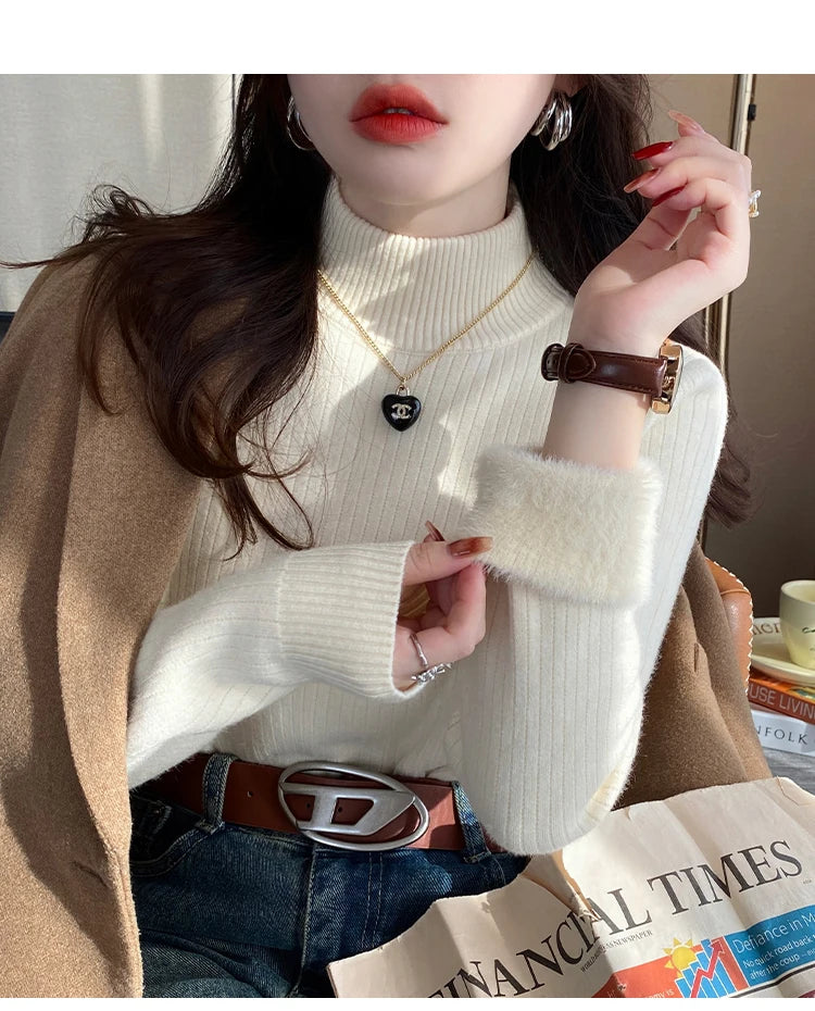 Women's Turtleneck Sweater Winter 2026 Retro with Velvet Lining Thickened Inner Wear Thermal Knitting Bottoming Shirt Pullovers