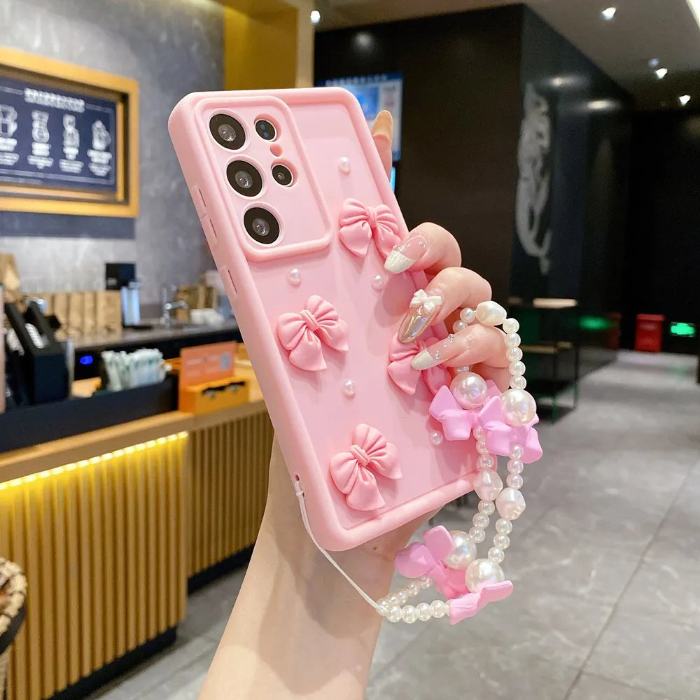 For Xiaomi Redmi Note 10 9 8 7 Pro 4g 5g 10s 3D Pearl Pink Bow Phone Case On Note10 S 10pro With Bracelet Soft Cover 9pro 8pro