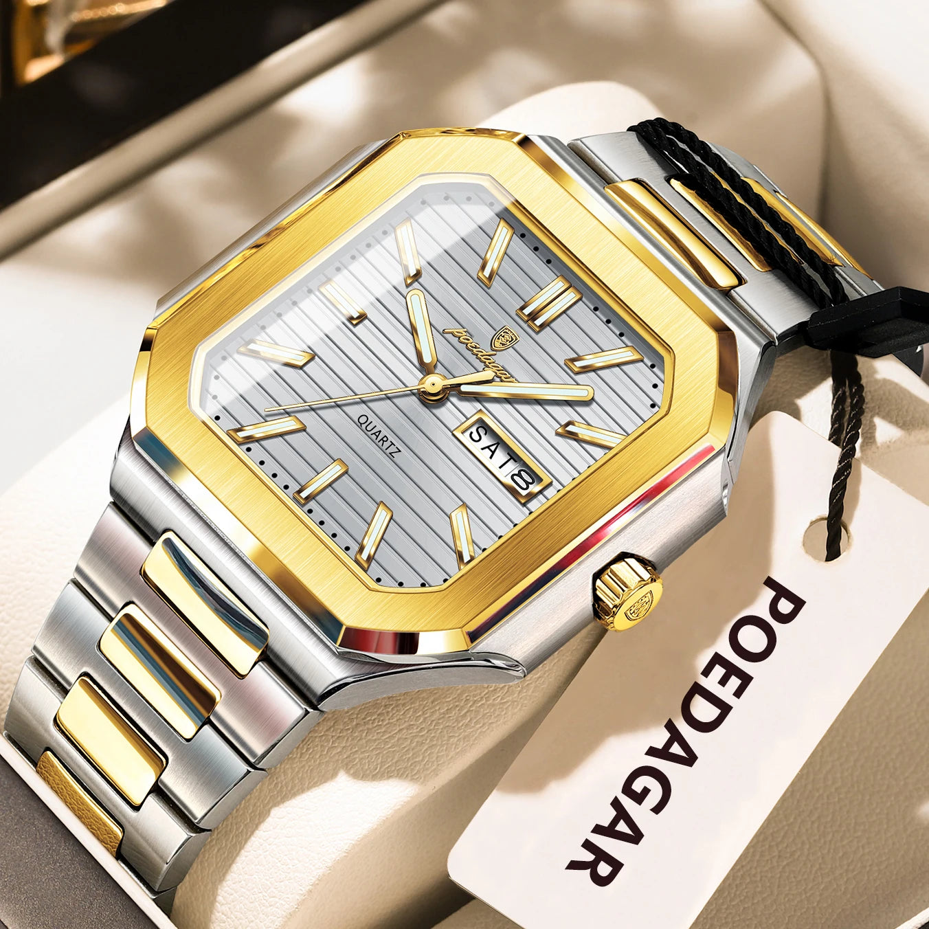 POEDAGAR Luxury Square Male Watch Waterproof Luminous Date Week Quartz Watches For Men Stainless Steel Fashion Men's Clock Reloj