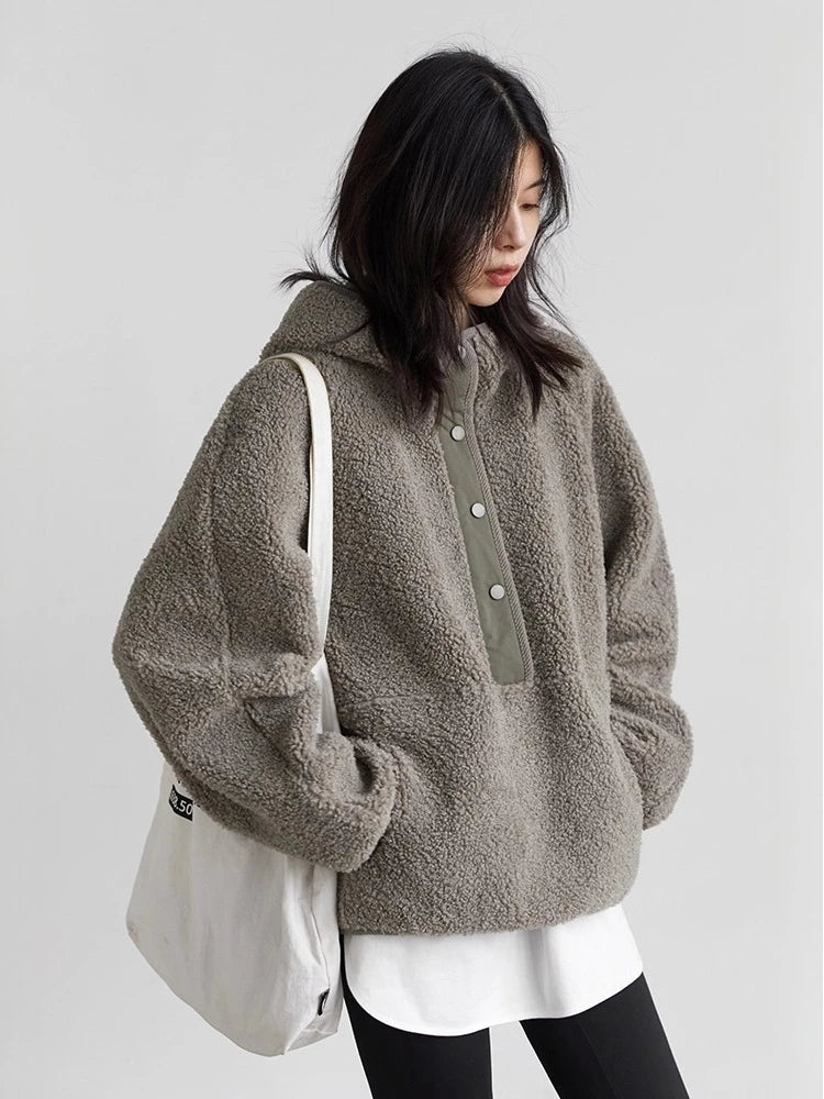 CHIC VEN Women Jackets Solid Loose Casual Split Hooded Short Coat Granular Fleece Warm Female Top Outerwear Autumn Winter 2025