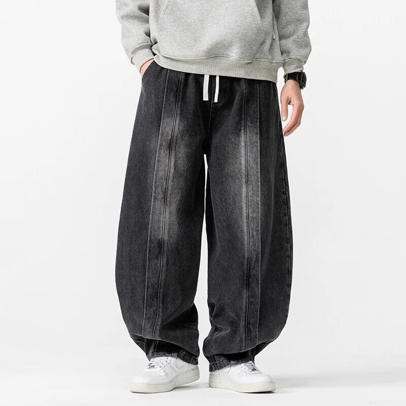 2025 Spring Vintage Harem Pants Men Hip Hop Denim Pants Mens Solid Color Straight Streetwear Wide Leg Pants Men Jeans Trousers