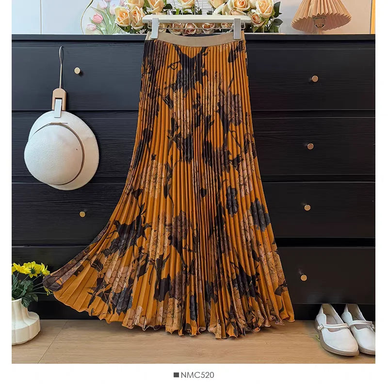 Bohemian Print Beach Skirts Female High Waist Flowy A-Line Pleated Maxi Skirt for Vacation Resort Wear & Spring Fall Fashion