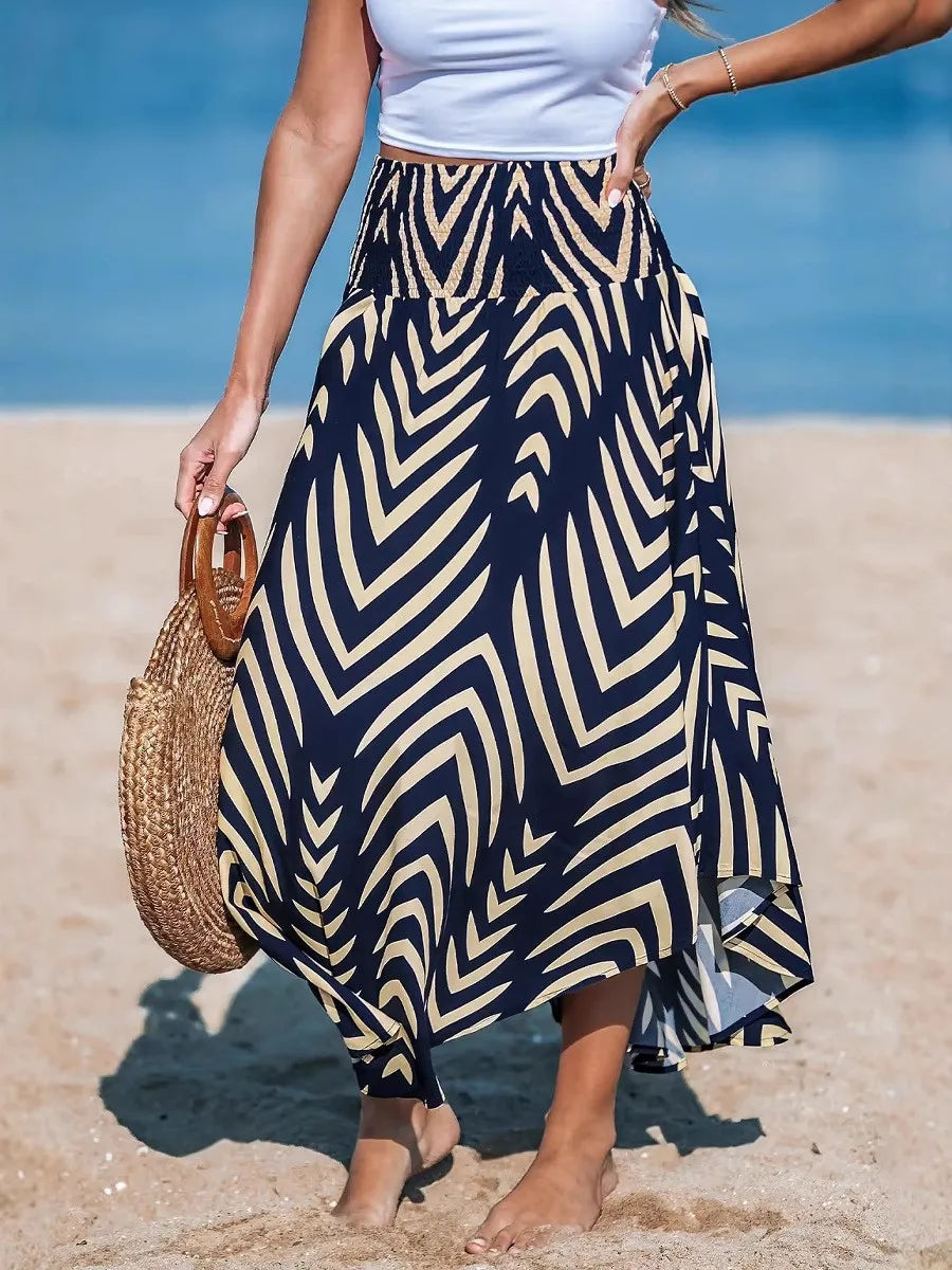 Women's New Beach Skirt, Geometric Print Shirred Design, Perfect for Summer Vacation Wear