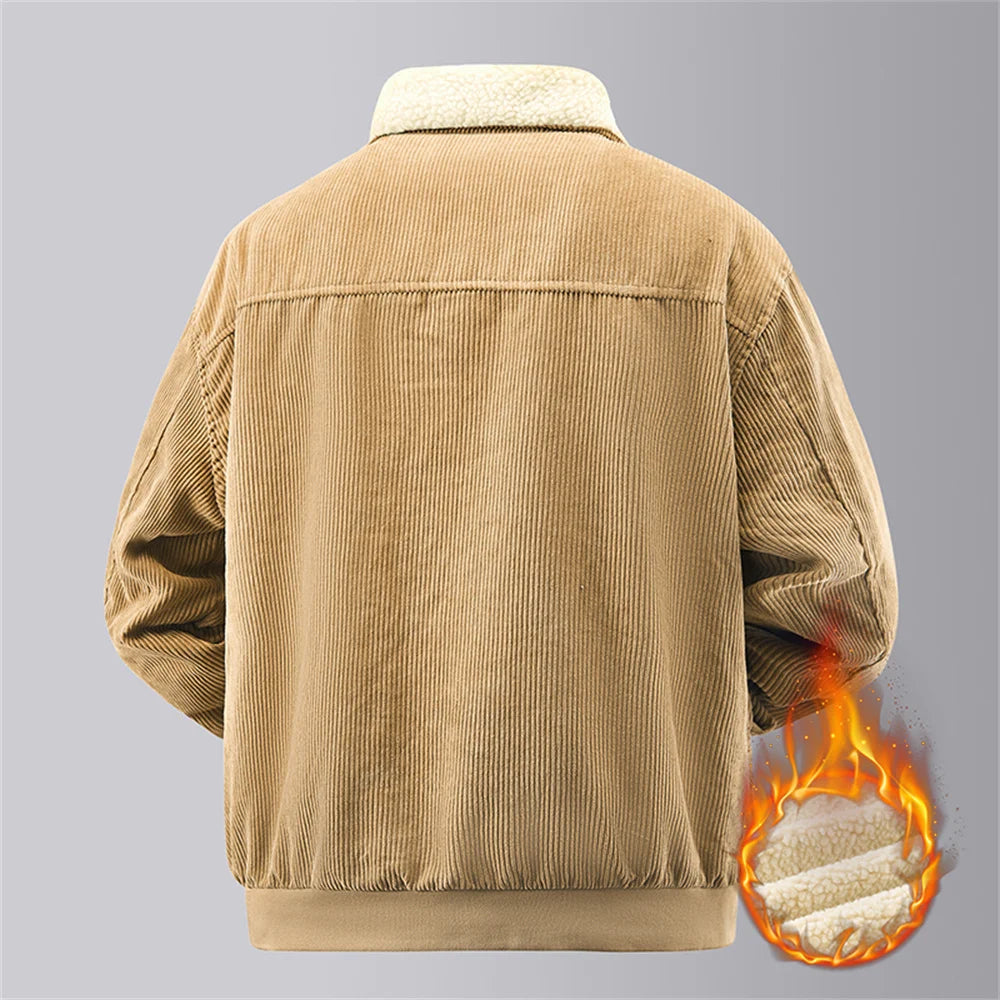 Mid-Age Gentleman's Lapel Corduroy Jacket Winter New Arrival: Military-Style Fleece-Lined, Thickened Windproof Workwear Coat