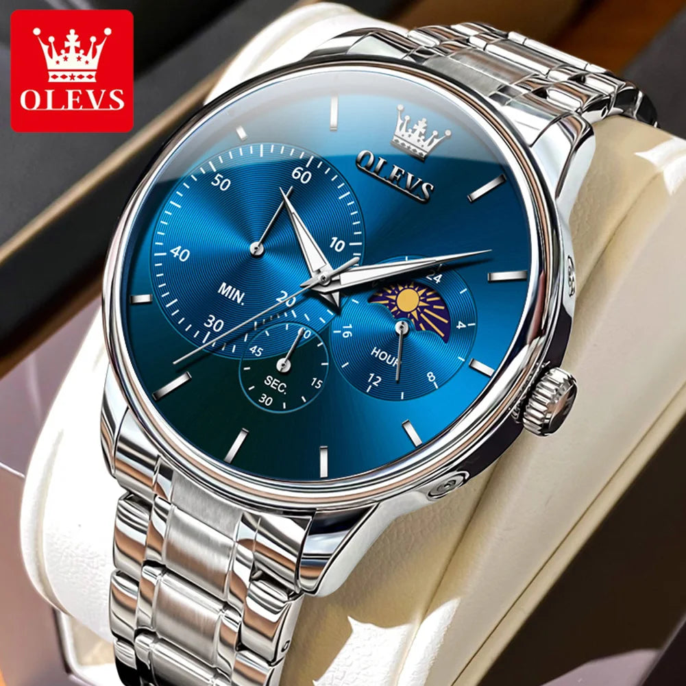 OLEVS Men's Watches Top Brand Business Fashion Fine Steel Original Brand Quartz Wristwatch for Man Moon Phase Chronograph Big