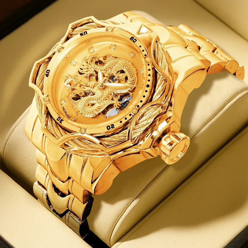 A men's yellow party style elegant dragon shaped carved fully automatic tourbillon mechanical watch