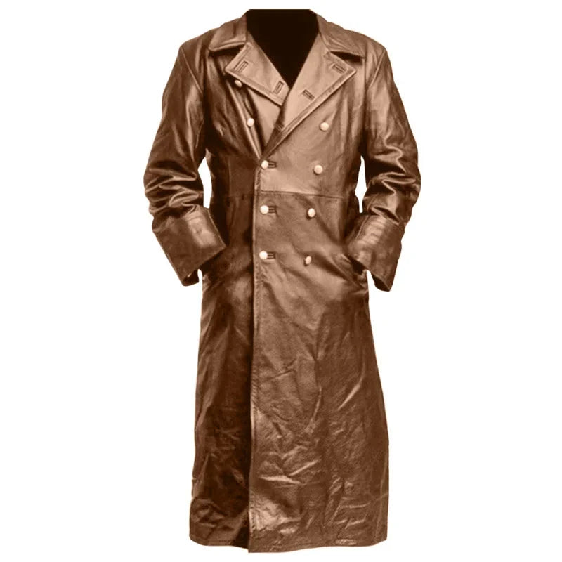 Men Faux Leather Coats Pu Long Coat Splice Double Breasted Turn Down Collar Slim Fit Thick Casual Jackets Autumn Winter