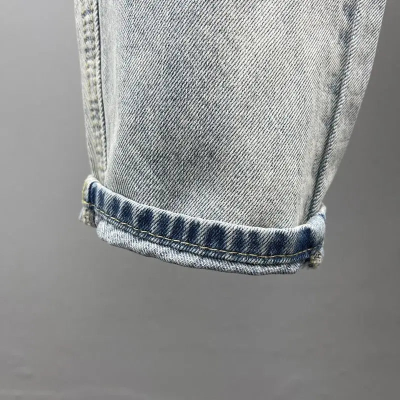Slant Pocket Light Blue Slim-fitting Small-footed Jeans Men's Streetwear Simple Retro High Street Trousers Trendy Men's Pants