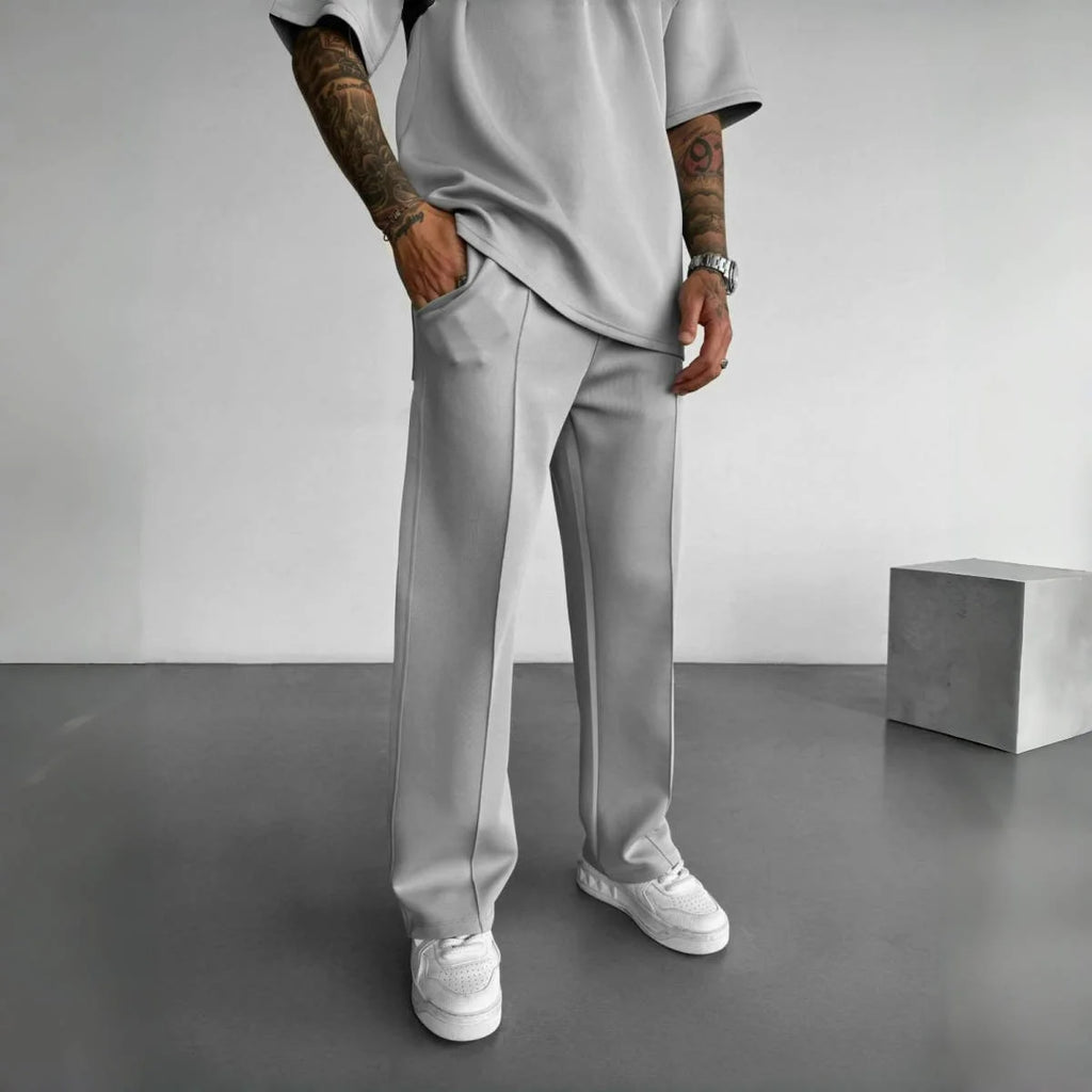 New men's casual pants, stylish and comfortable elastic waist drawstring single-line pleated solid color pocket mops pants