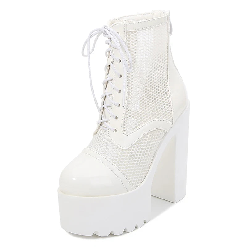 Gdgydh Womens Mesh Breathable High Heel Platform Boots Lace Up and Zipper Sexy Modern Motorcycle Boots Block Heels Punk Style