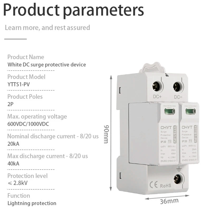 XIONGISOLAR DC SPD Surge Protective Device 600V 1000V 2P 20KA-40KA Voltage Protector Solar PV Photovoltaic Lightning Arrester